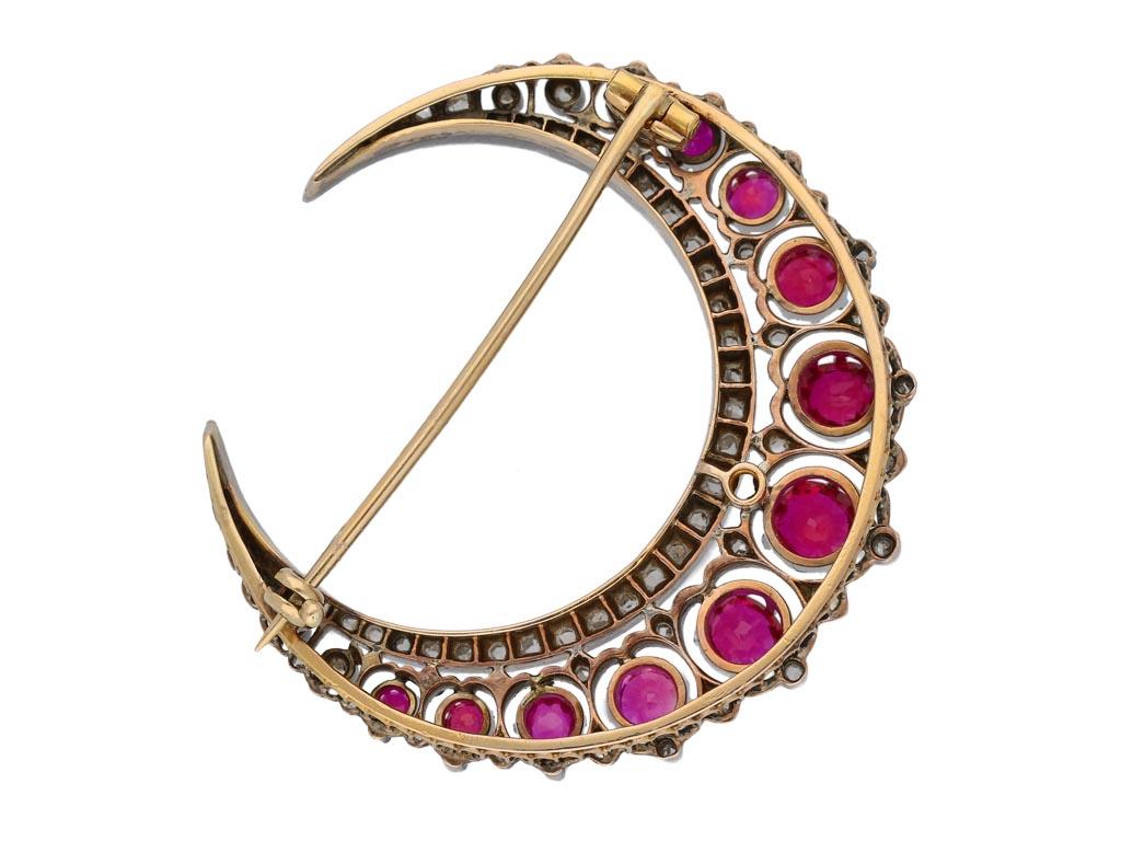 Antique Cushion Cut Victorian Natural Burmese Ruby and Diamond Crescent Brooch, circa 1885 For Sale