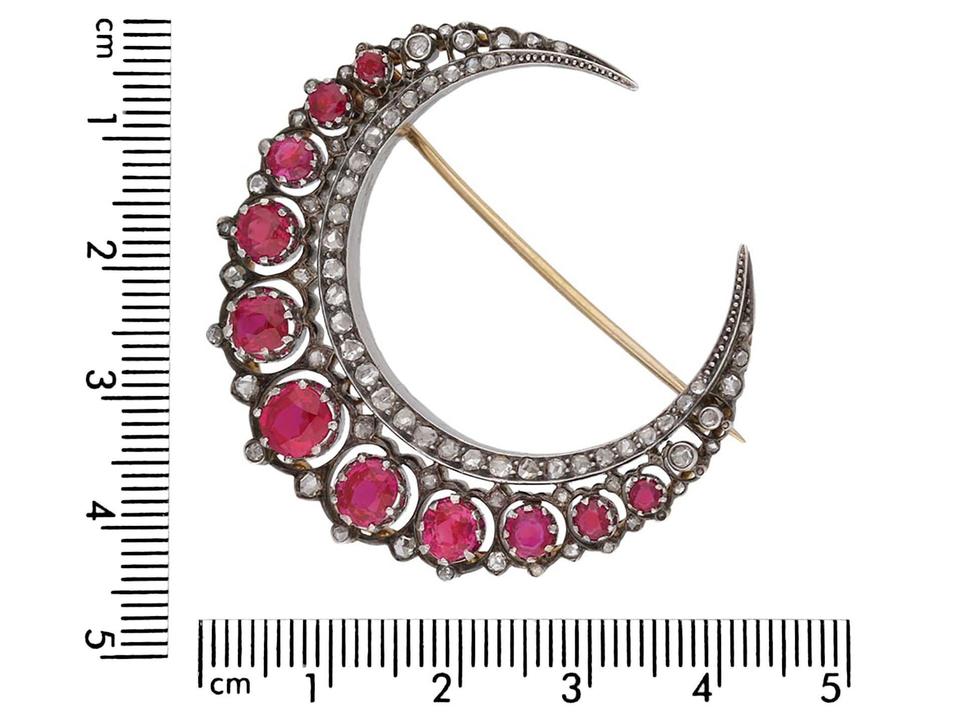 Women's or Men's Victorian Natural Burmese Ruby and Diamond Crescent Brooch, circa 1885 For Sale