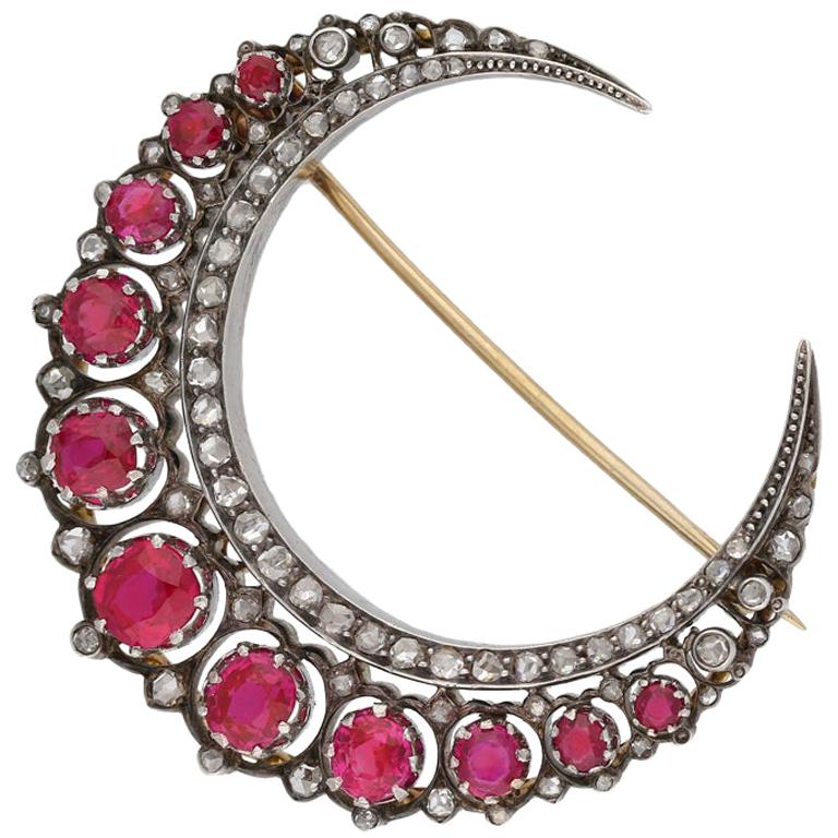 Victorian Natural Burmese Ruby and Diamond Crescent Brooch, circa 1885 For Sale