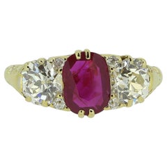 Victorian Natural Burmese Ruby and Diamond Three-Stone Ring
