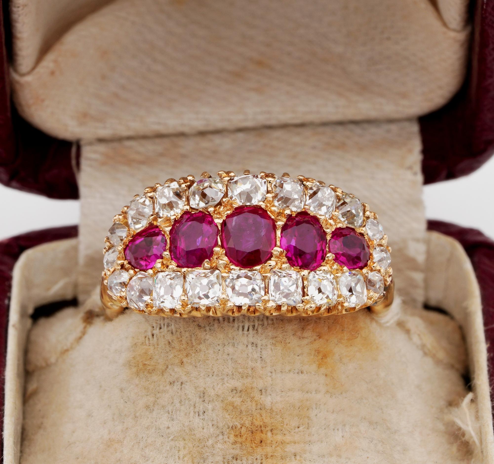 Exceptional Victorian of the highest standards, rare Natural Burmese Rubies and Diamond five stone ring
Could be an outstanding engagement ring
Crafted of solid 18 KT rose gold – not marked -during 1880
Lively, intense, fiery Pigeon Blood Red Ruby