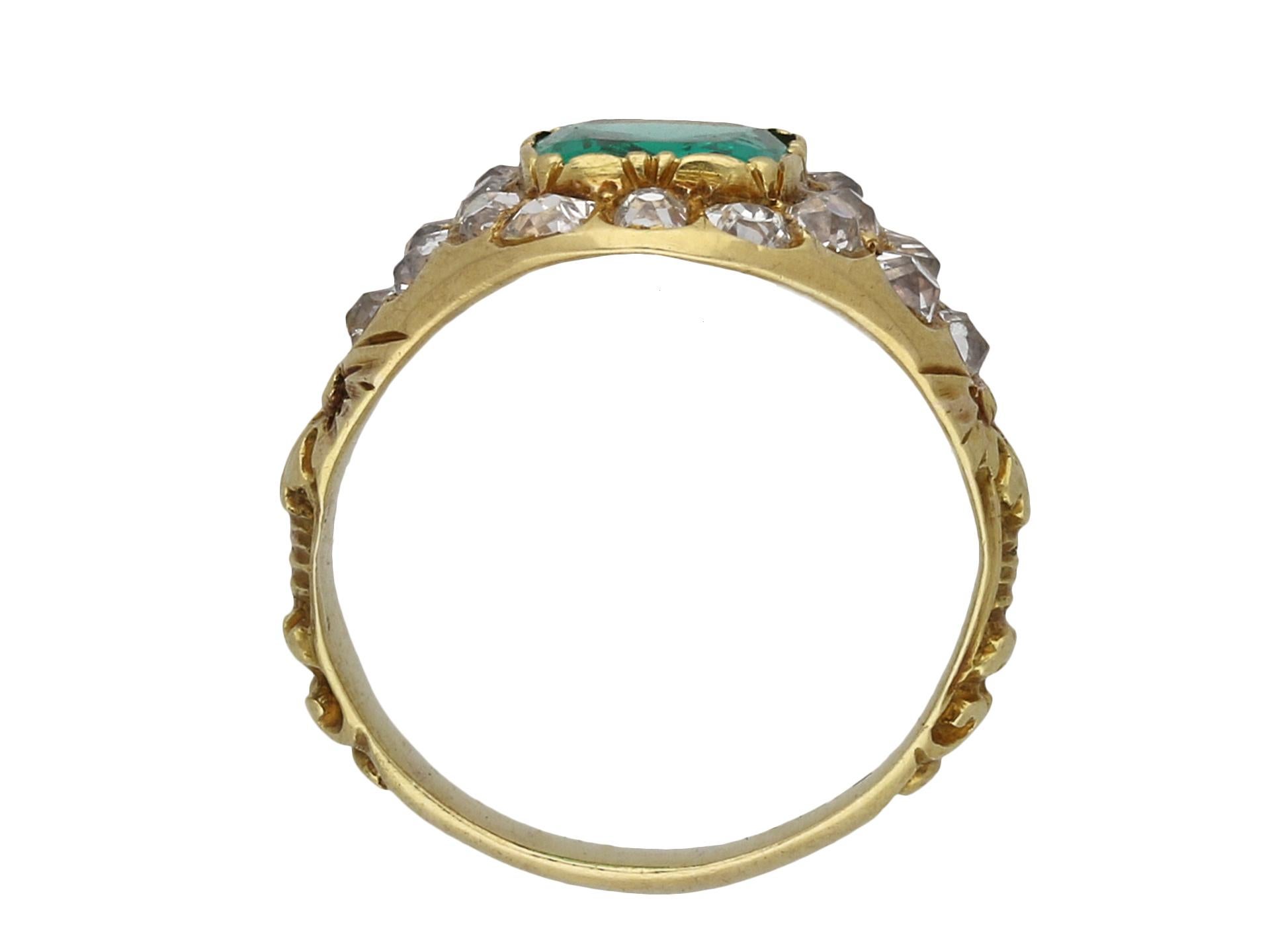 Emerald Cut Victorian Natural Colombian Emerald and Diamond Cluster Ring, circa 1900 For Sale