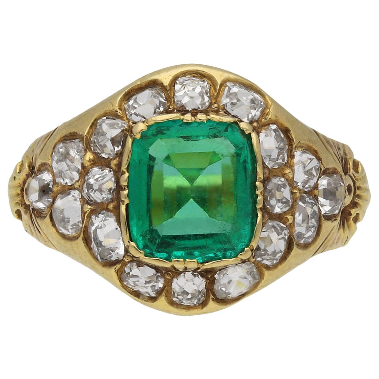 No Oil Victorian Natural Colombian Emerald and Diamond Cluster Ring, circa 1900