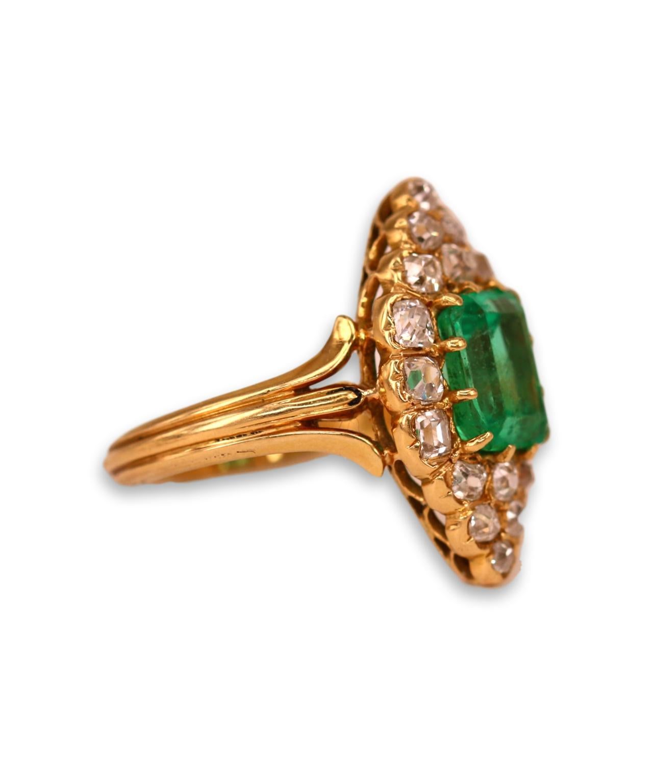 Emerald Cut Victorian Natural Colombian Emerald and Diamond Ring