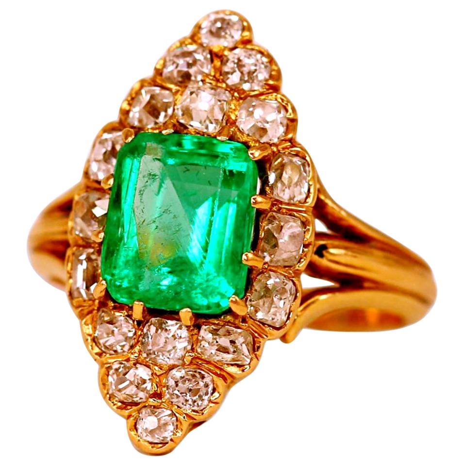Victorian Natural Colombian Emerald and Diamond Ring