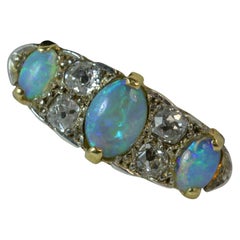 Victorian Natural Colorful Opal and Old Cut Diamond 18 Carat Gold Stack Ring