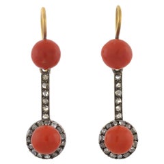 Antique Victorian Natural Coral and Rose Cut Diamond Earrings