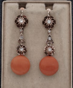 Victorian Natural Coral & Diamond Drop earrings