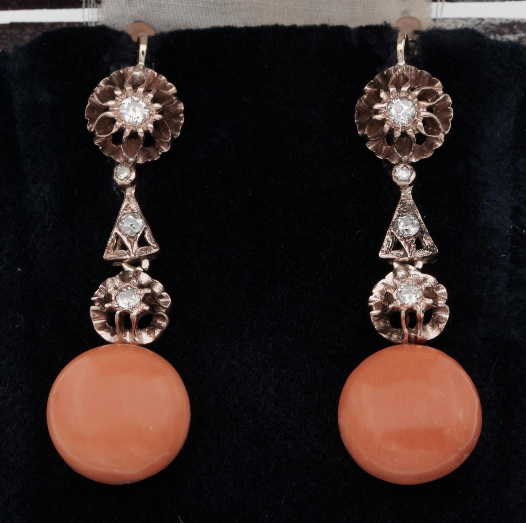Late Victorian Victorian Natural Coral & Diamond Drop earrings For Sale