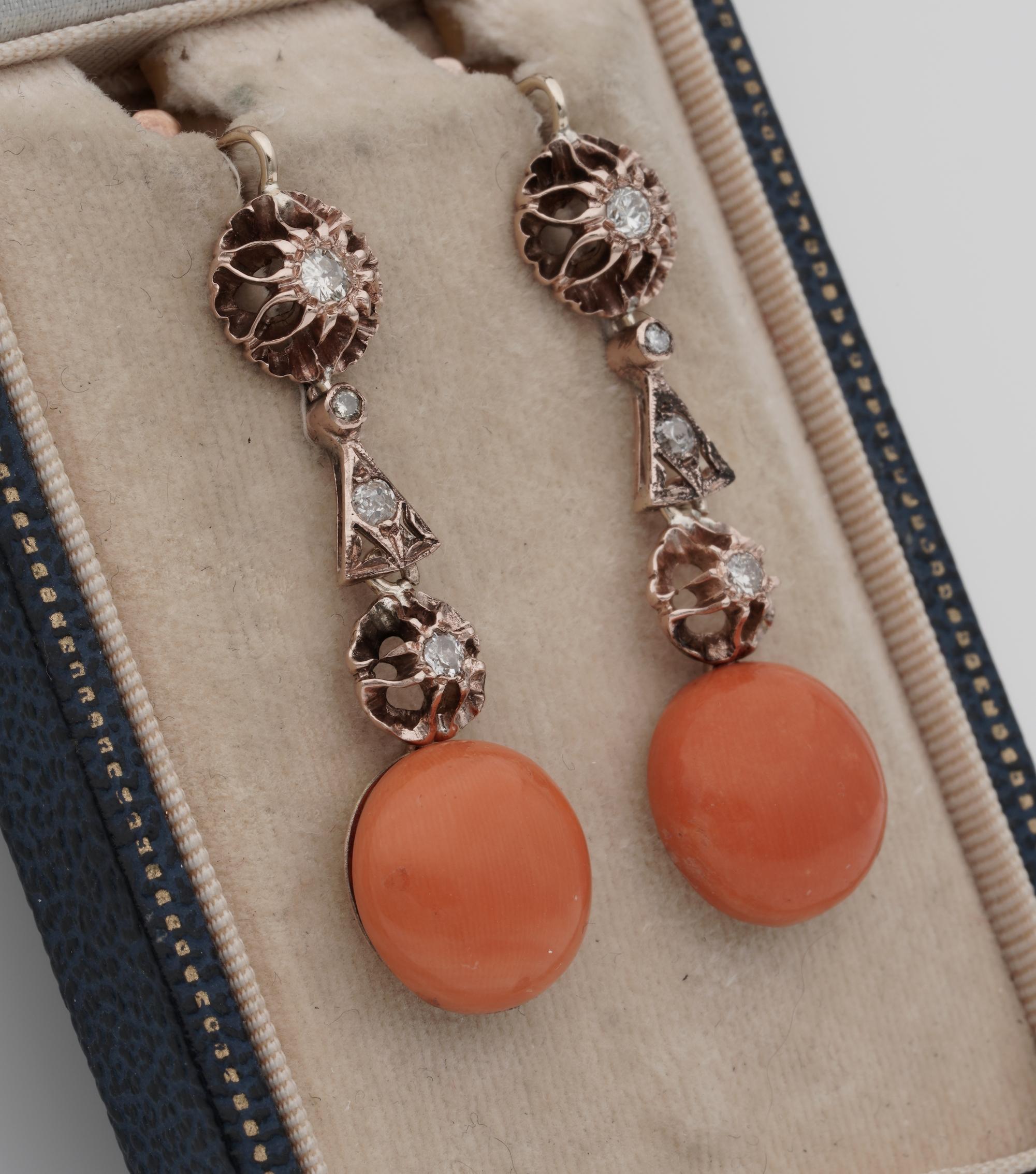 Cabochon Victorian Natural Coral & Diamond Drop earrings For Sale