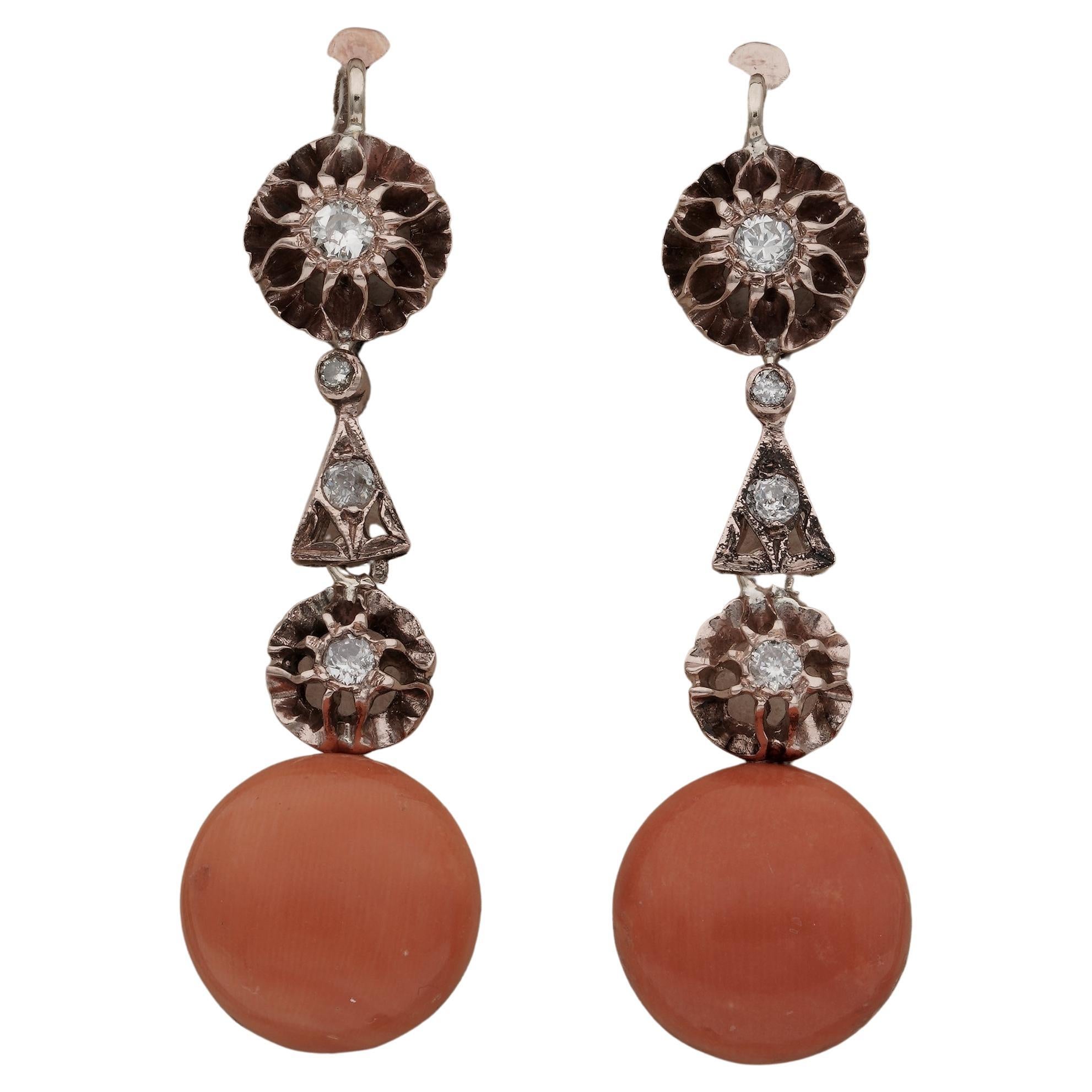 Victorian Natural Coral & Diamond Drop earrings For Sale