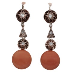 Pendientes Victorianos de Gota de Coral Natural y Diamantes