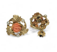 Victorian Natural Coral & Pearl Earrings in 14k Gold For Her