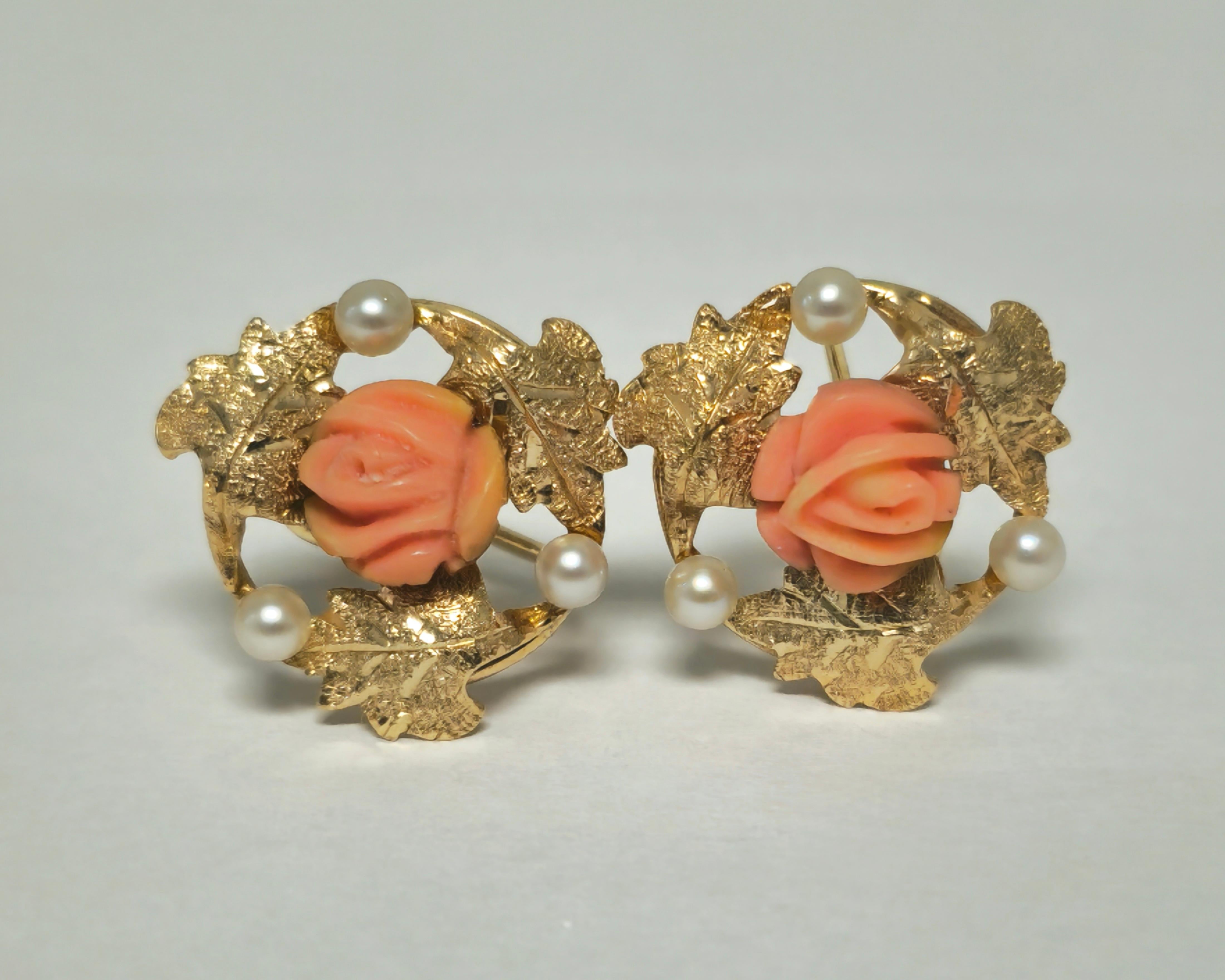Round Cut Victorian Natural Coral & Pearl Earrings in 14k Gold For Her For Sale