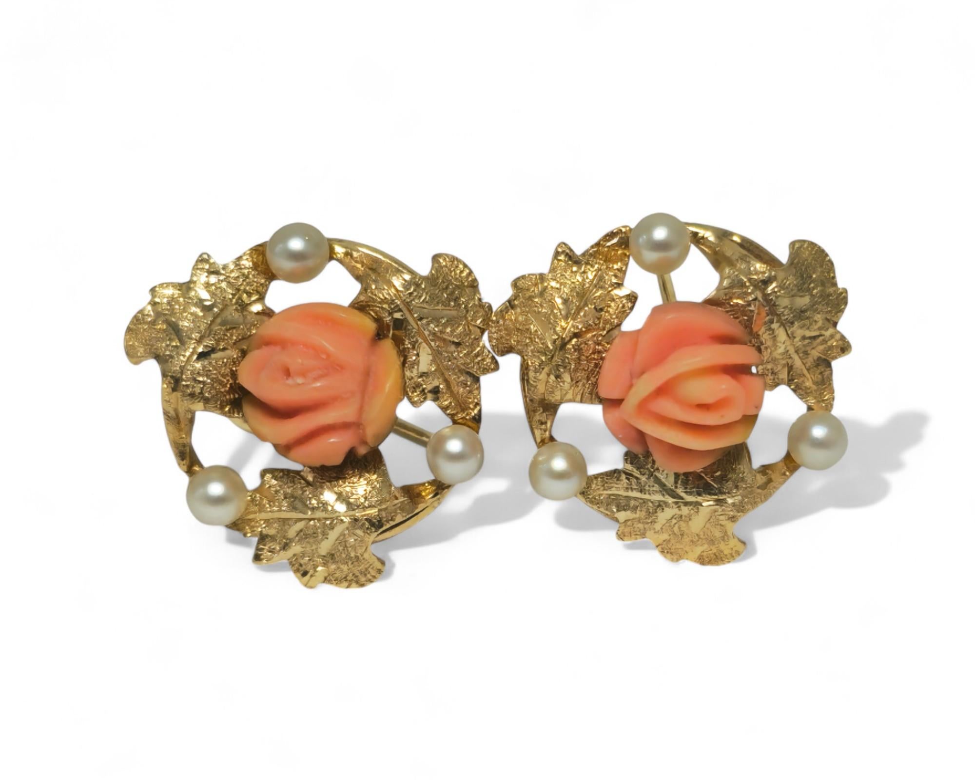 Round Cut Victorian Natural Coral & Pearl Earrings in 14k Gold For Her For Sale