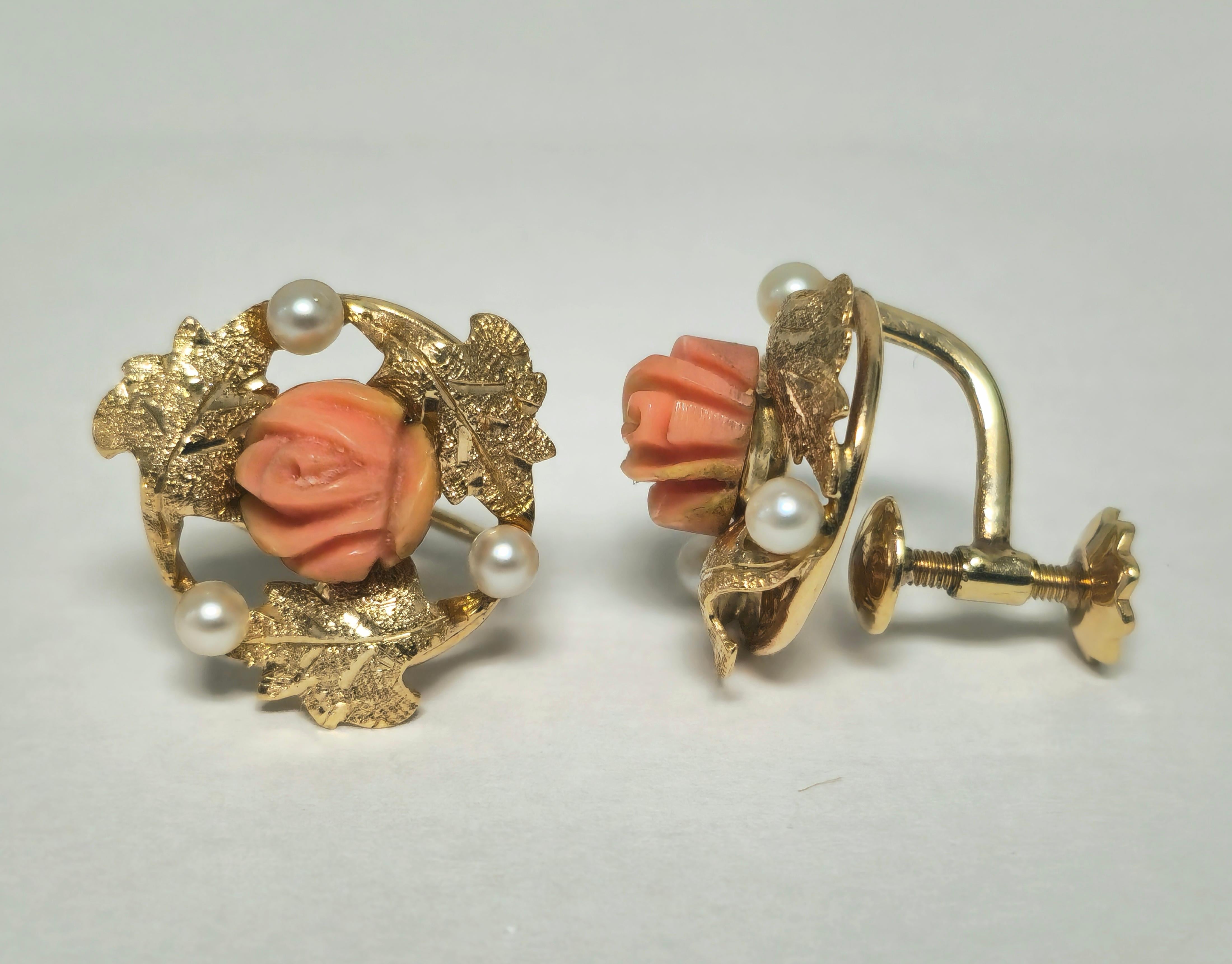 Victorian Natural Coral & Pearl Earrings in 14k Gold For Her In Excellent Condition For Sale In Miami, FL