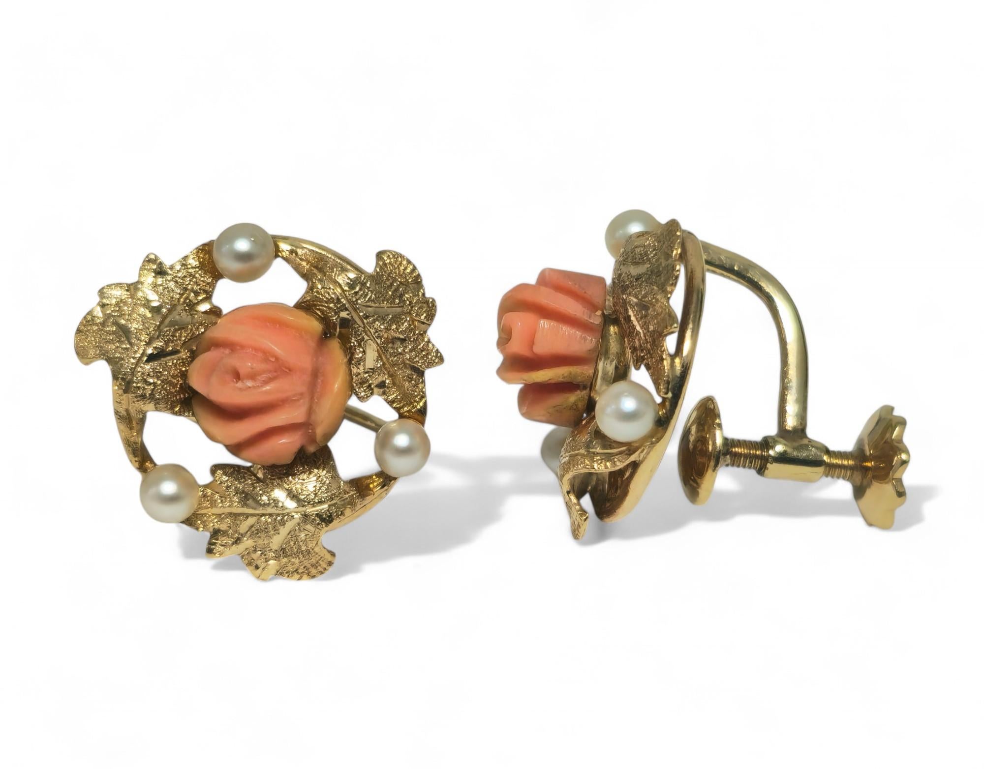 Victorian Natural Coral & Pearl Earrings in 14k Gold For Her In Excellent Condition For Sale In Miami, FL