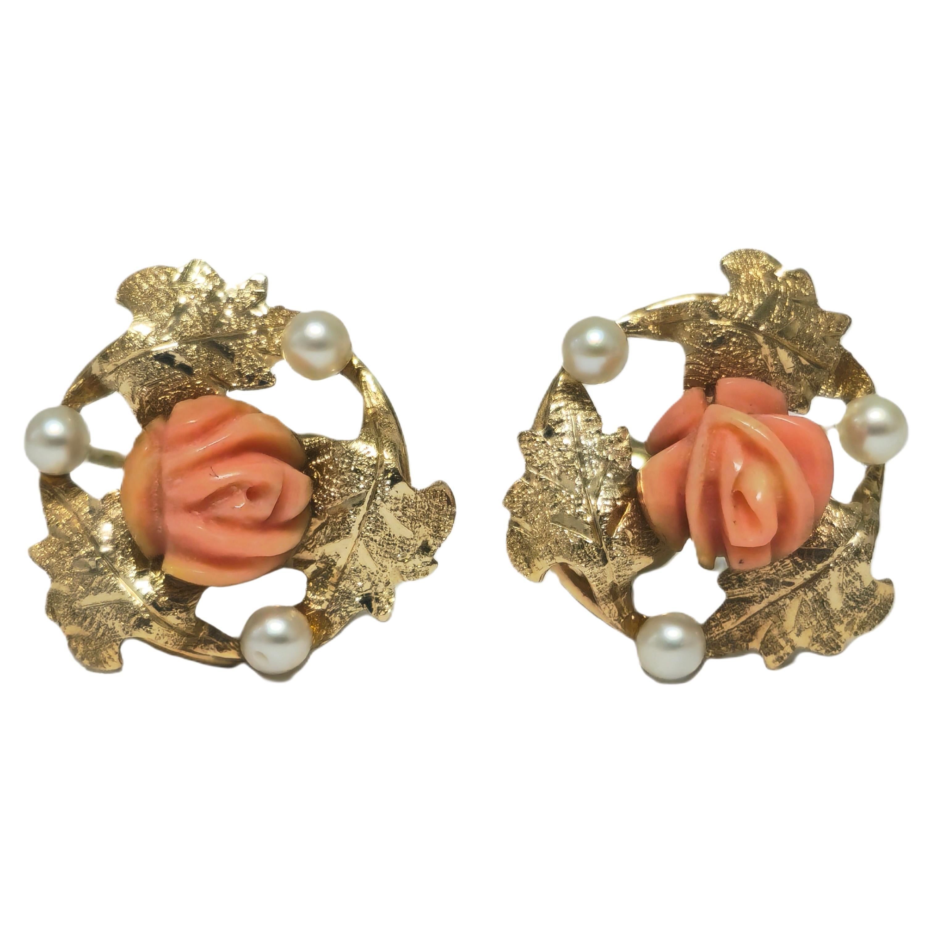Victorian Natural Coral & Pearl Earrings in 14k Gold For Her For Sale