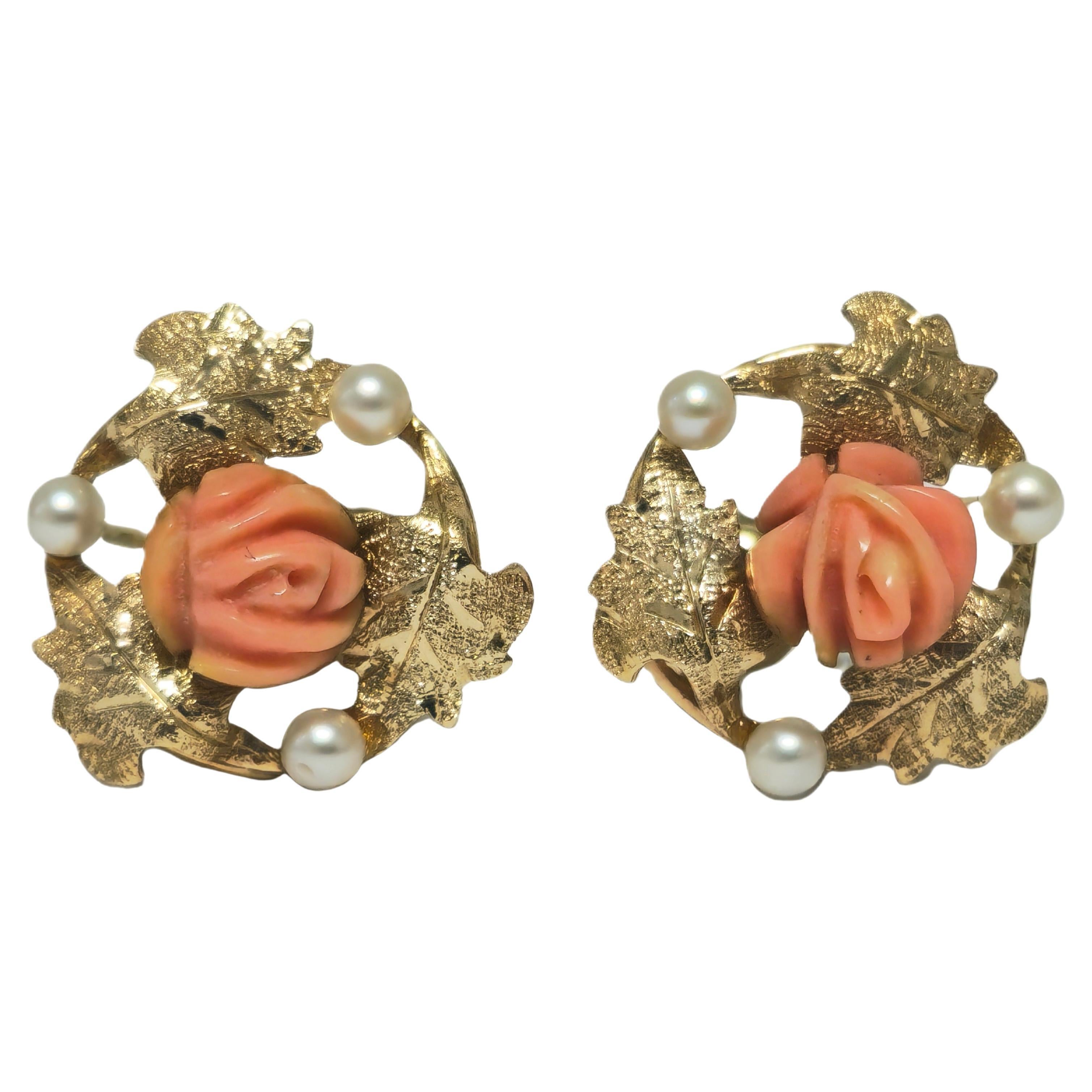 Victorian Natural Coral & Pearl Earrings in 14k Gold For Her For Sale