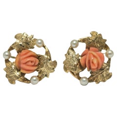 Victorian Natural Coral & Pearl Earrings in 14k Gold For Her