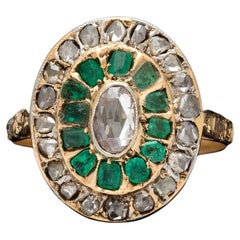 Victorian Natural Emerald Engagement Ring, Yellow Gold Halo Diamond Cluster Ring