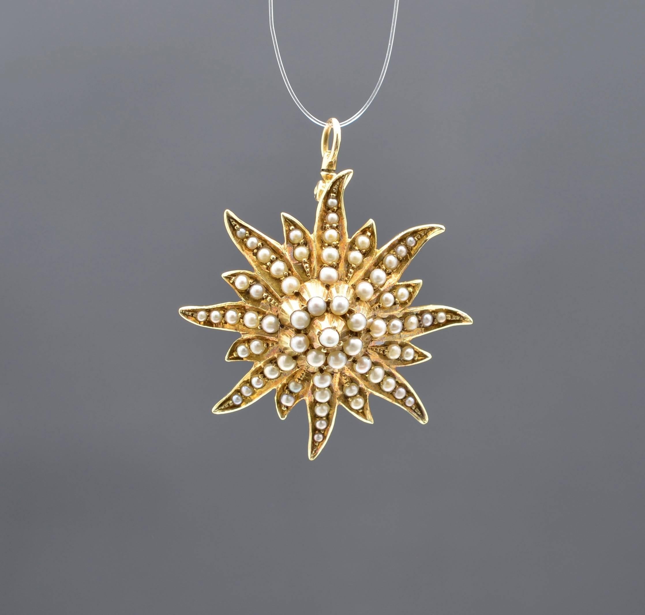 Victorian Natural Fine Seed Pearl Pendant in Yellow Gold in a Sun Star Fashion For Sale 3