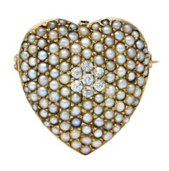 Victorian Natural Freshwater Pearl Diamond 14 Karat Gold Heart Pendant Brooch