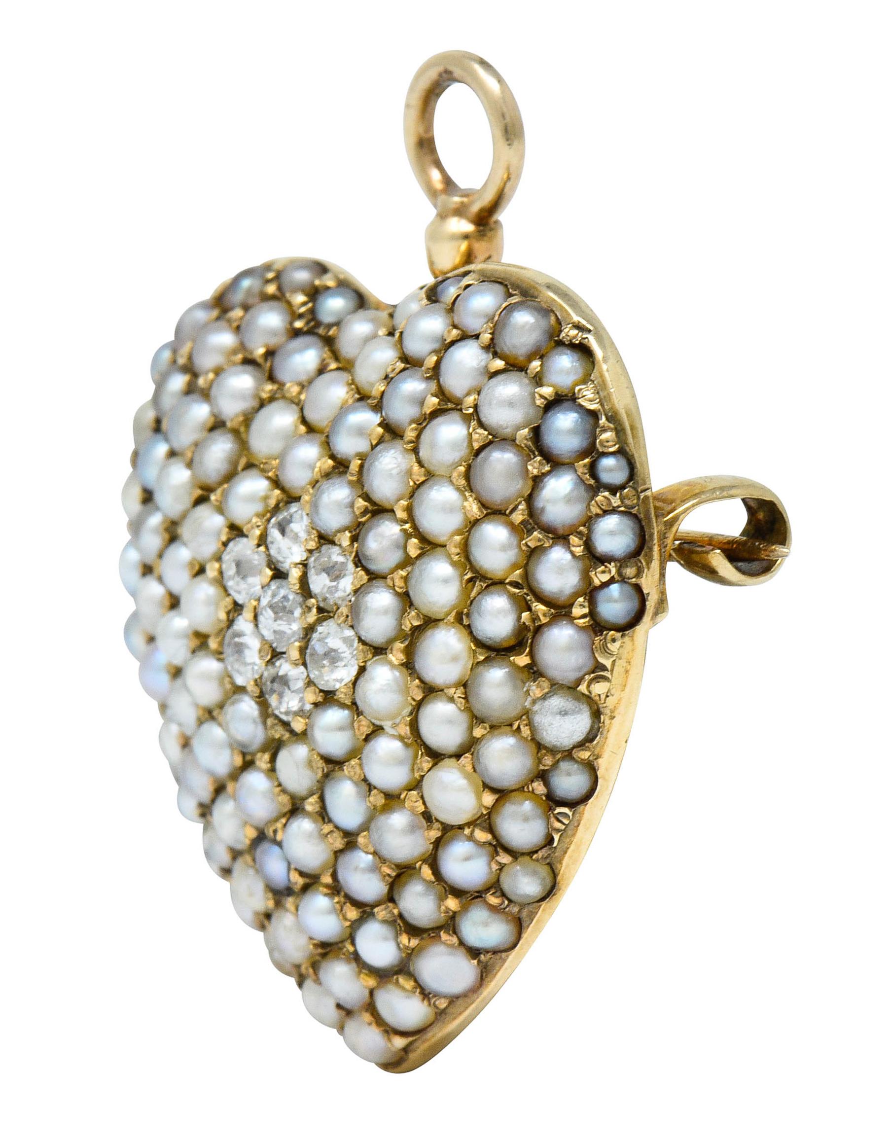 Old European Cut Victorian Natural Freshwater Pearl Diamond 14 Karat Gold Heart Pendant Brooch