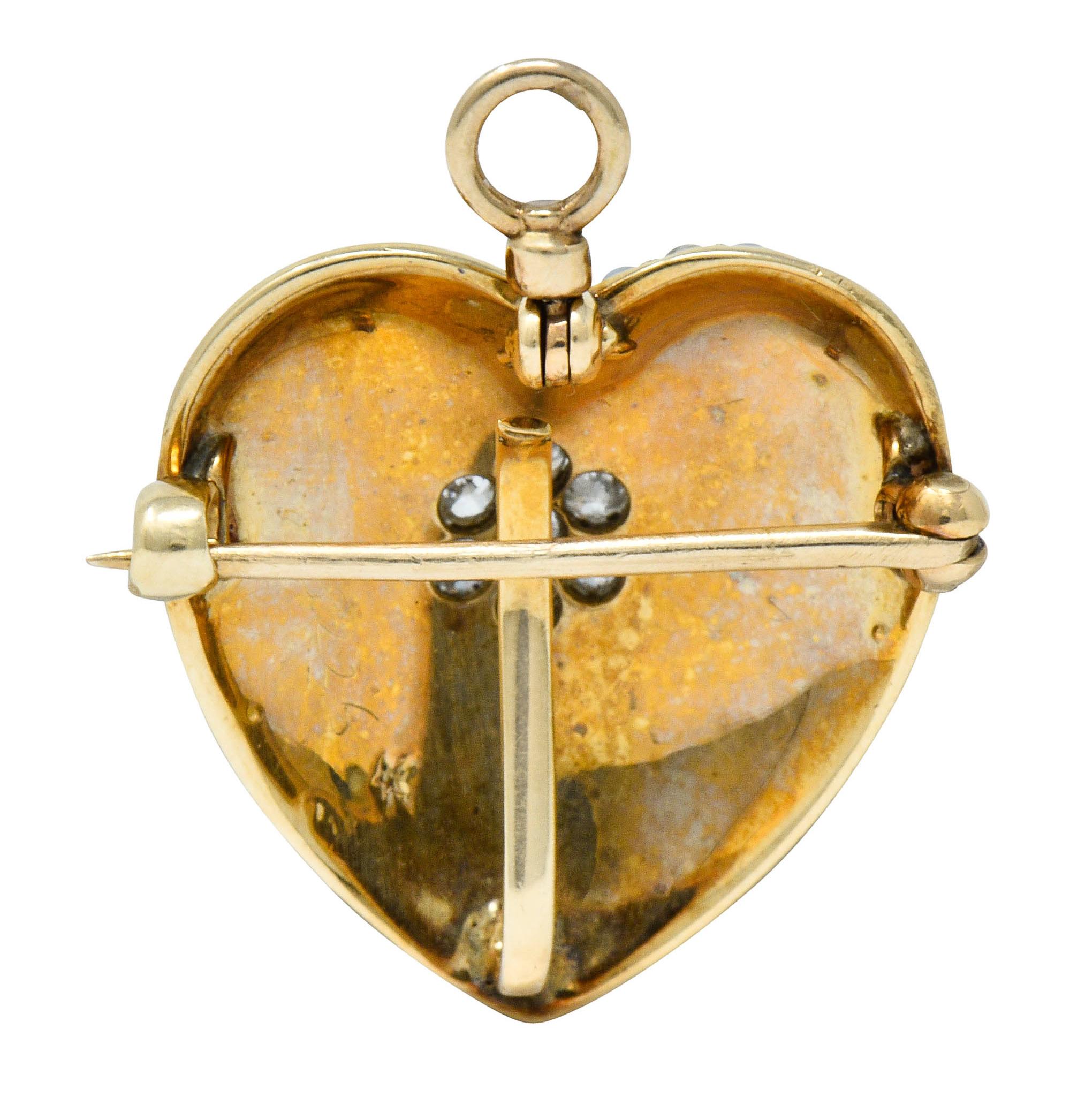 Women's or Men's Victorian Natural Freshwater Pearl Diamond 14 Karat Gold Heart Pendant Brooch