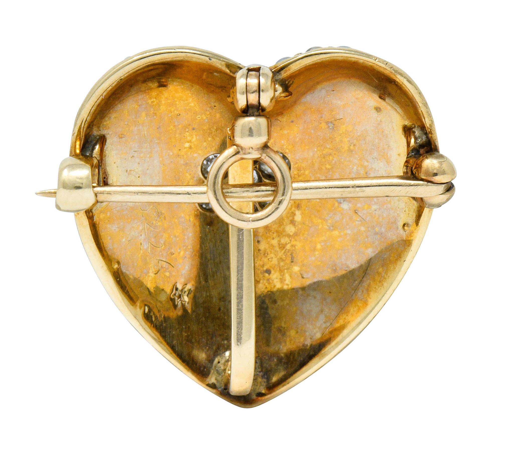 Victorian Natural Freshwater Pearl Diamond 14 Karat Gold Heart Pendant Brooch 1