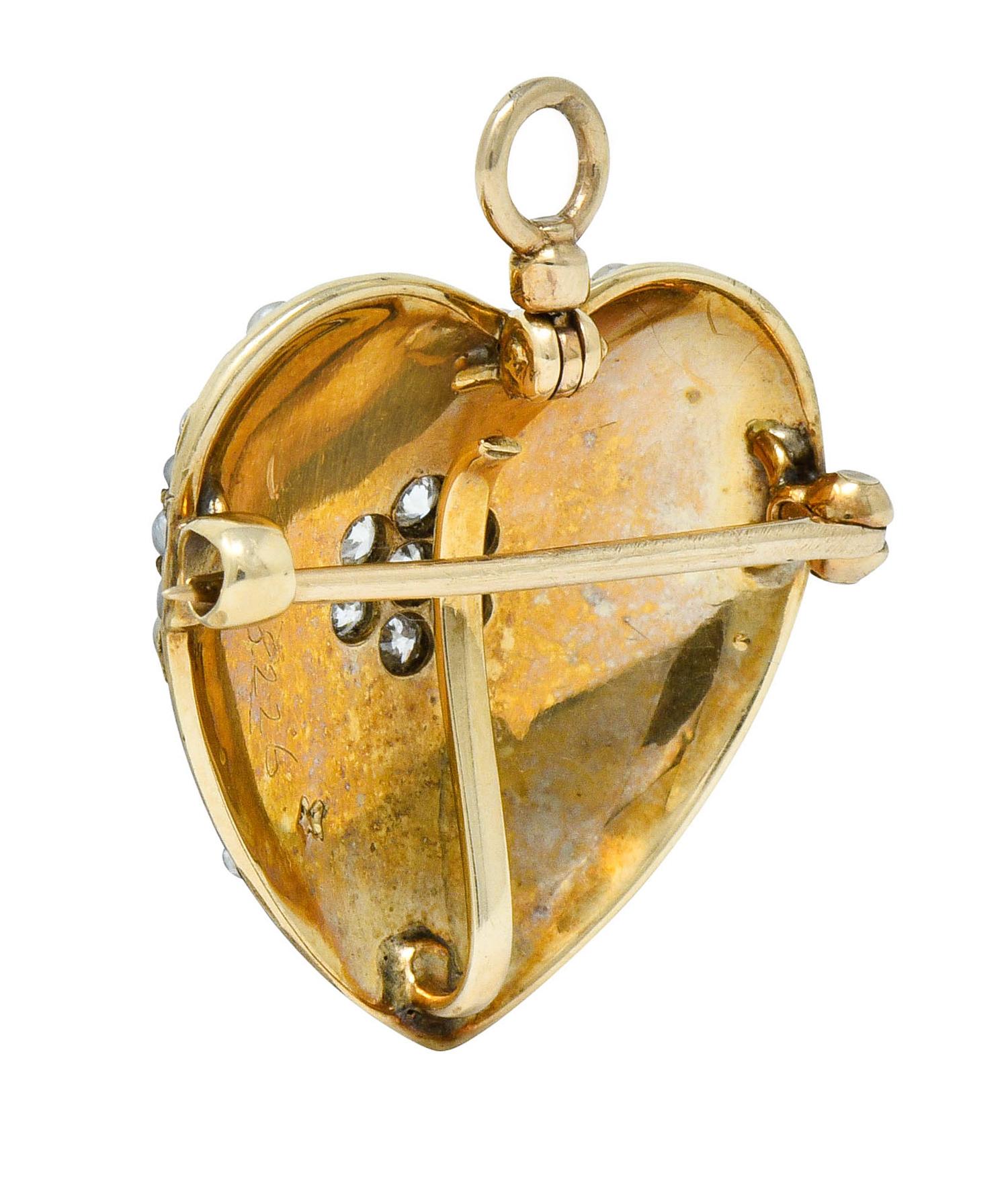 Victorian Natural Freshwater Pearl Diamond 14 Karat Gold Heart Pendant Brooch 2