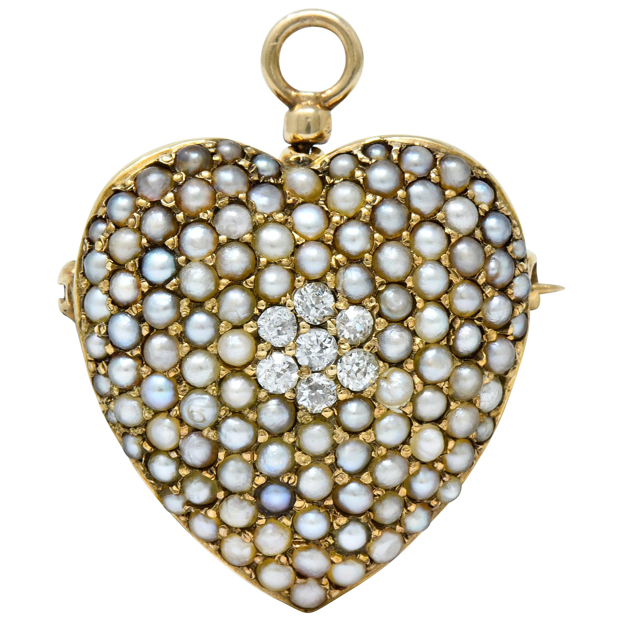 Victorian Natural Freshwater Pearl Diamond 14 Karat Gold Heart Pendant Brooch