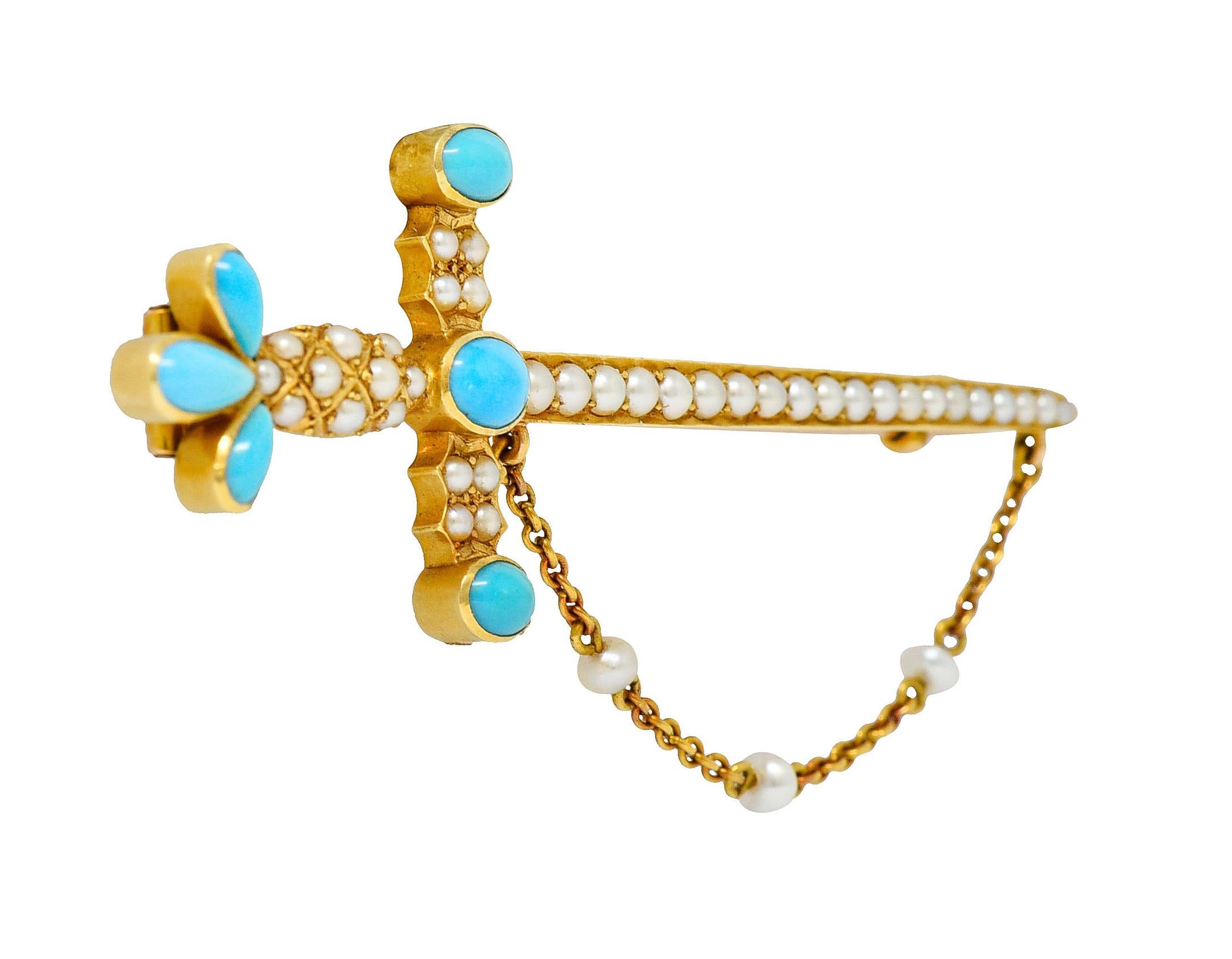 Cabochon Victorian Natural Freshwater Pearl Turquoise 18 Karat Gold Sword Brooch, 1890's