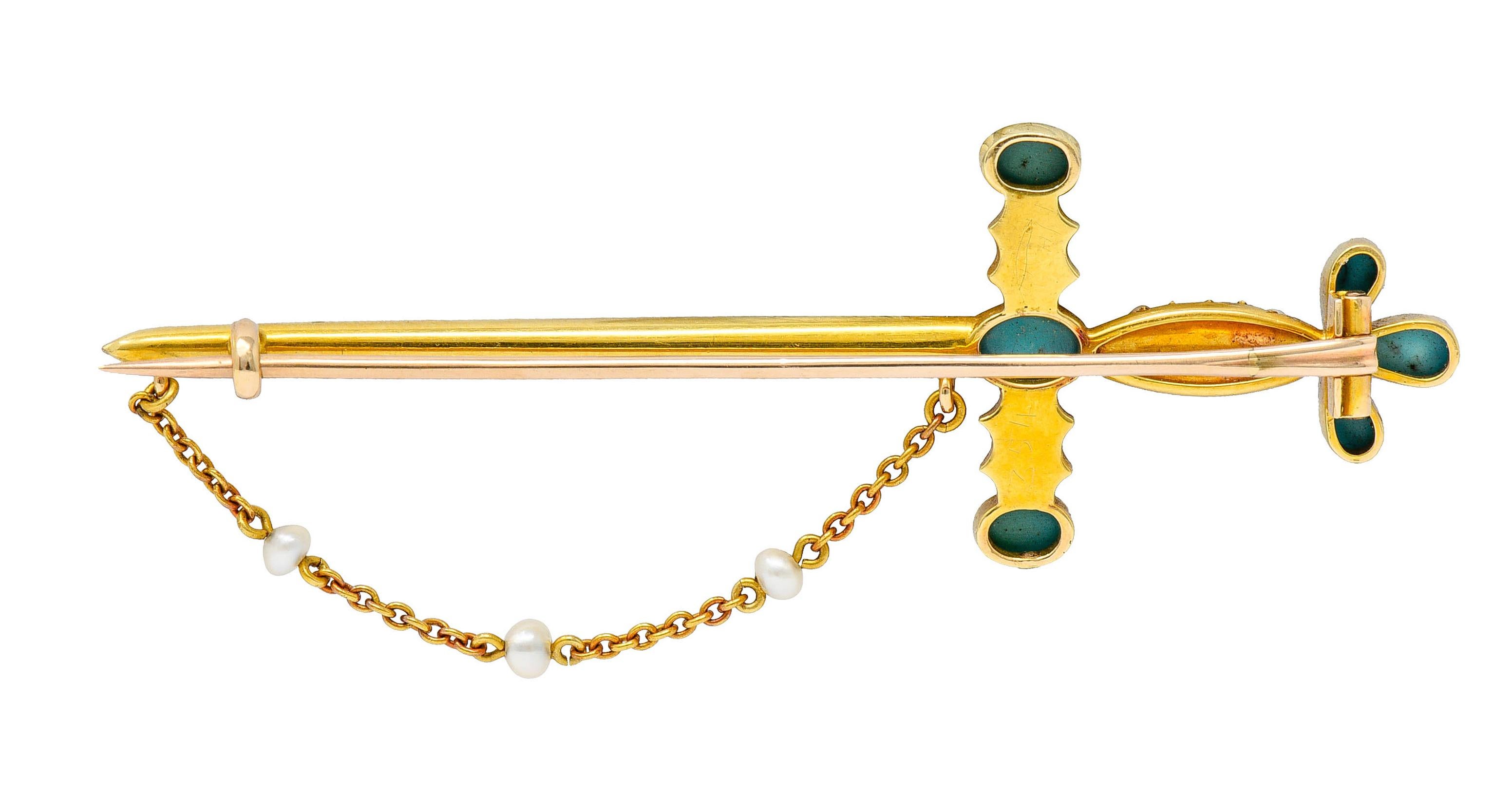 Victorian Natural Freshwater Pearl Turquoise 18 Karat Gold Sword Brooch, 1890's In Excellent Condition In Philadelphia, PA