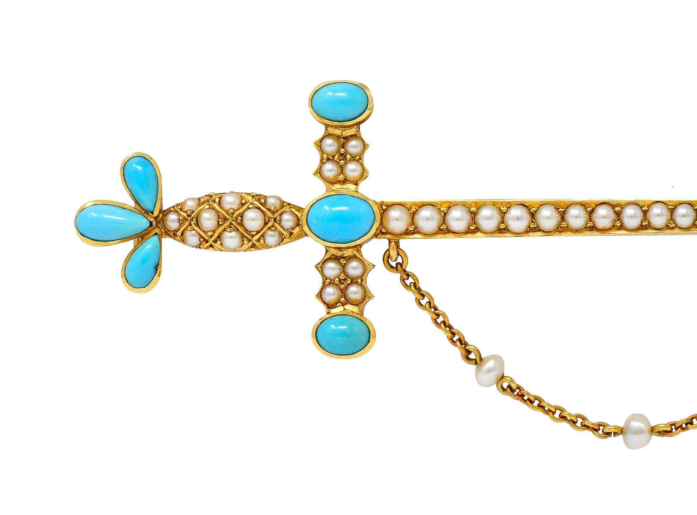 Women's or Men's Victorian Natural Freshwater Pearl Turquoise 18 Karat Gold Sword Brooch, 1890's