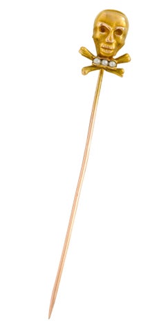 Victorian Natural Freshwater Seed Pearl 14 Karat Gold Skull Crossbones Stickpin