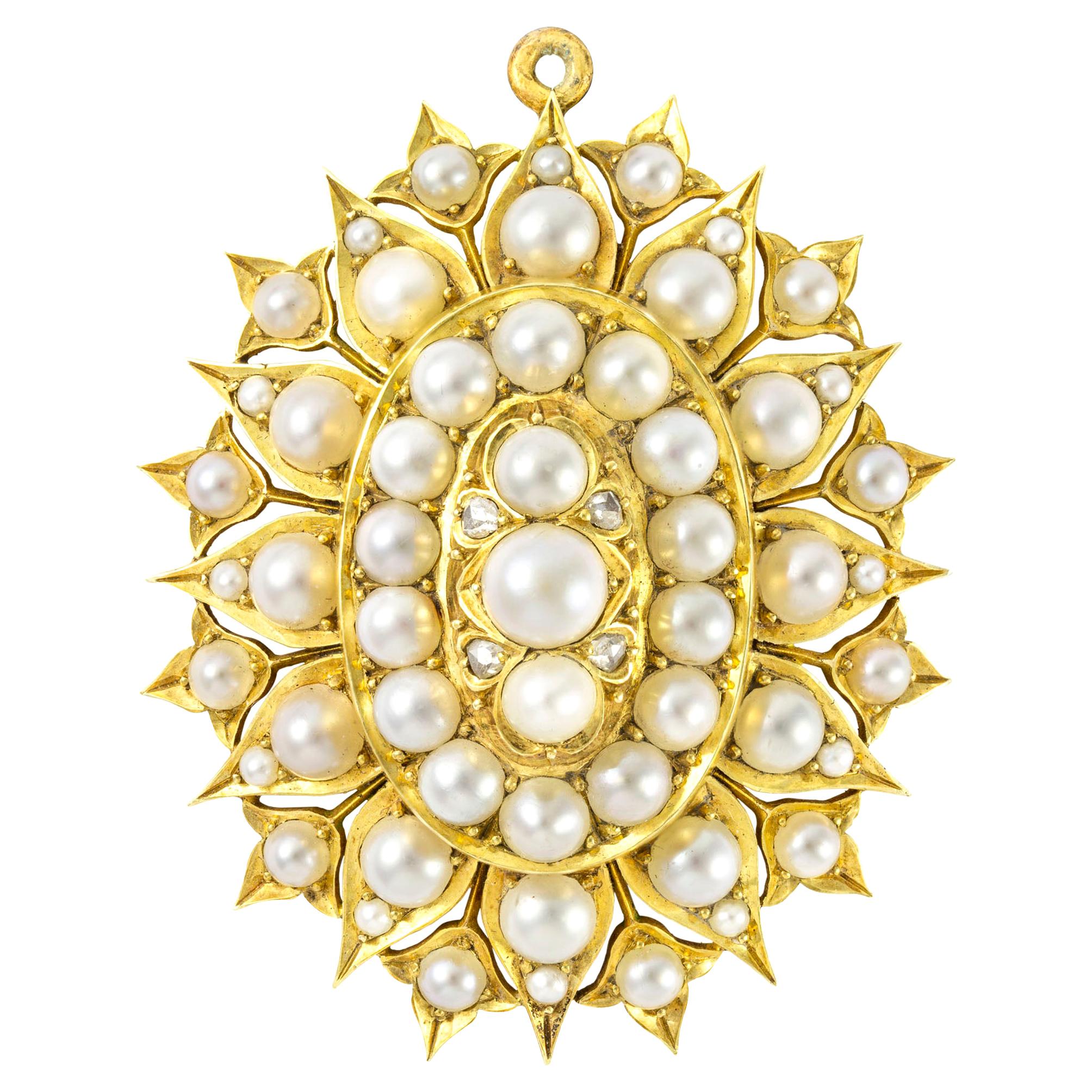 Victorian Natural Half Pearl and Diamond Brooch-Pendant