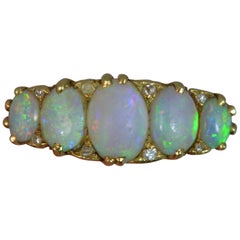 Antique Victorian Natural Large Colourful Five Opal and Diamond 18 Carat Gold Stack Ring