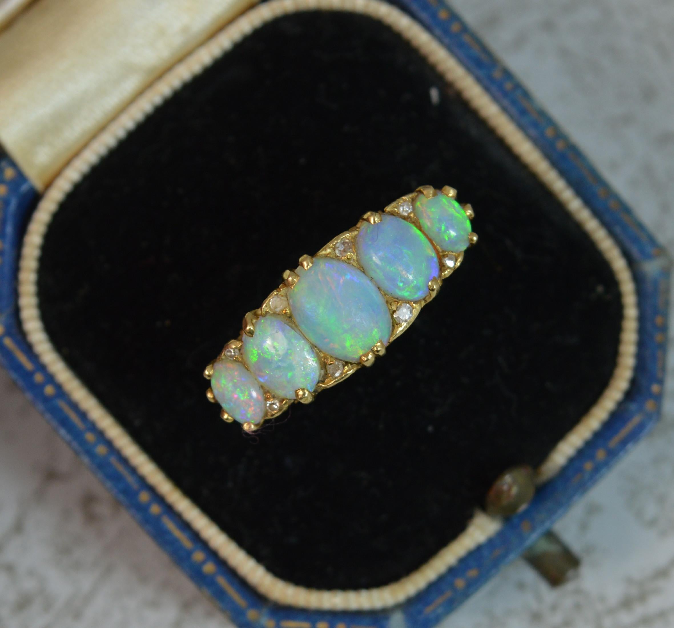 Victorian Natural Large Colourful Five Opal and Diamond 18 Carat Gold Stack Ring 6