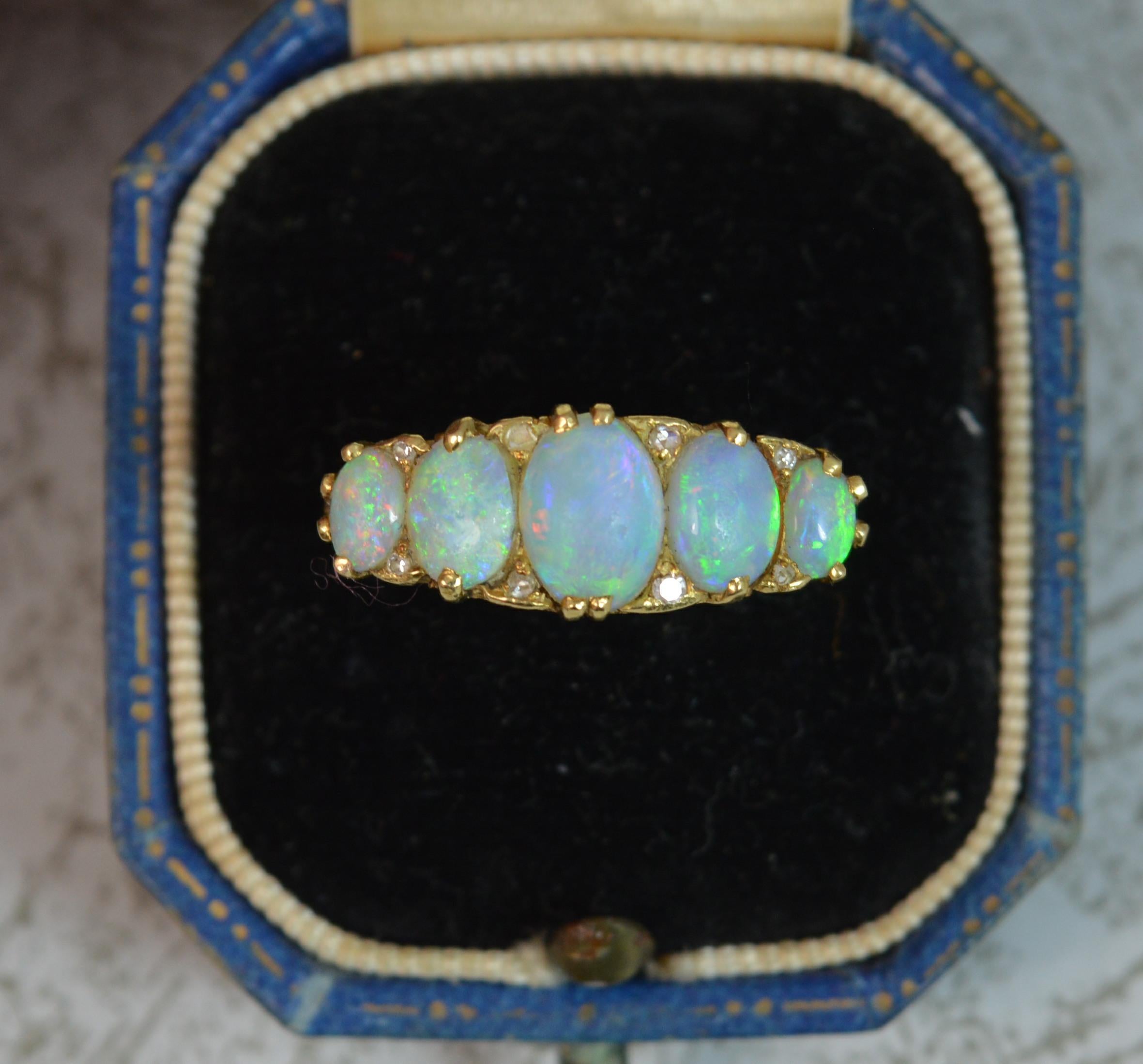 Victorian Natural Large Colourful Five Opal and Diamond 18 Carat Gold Stack Ring 7