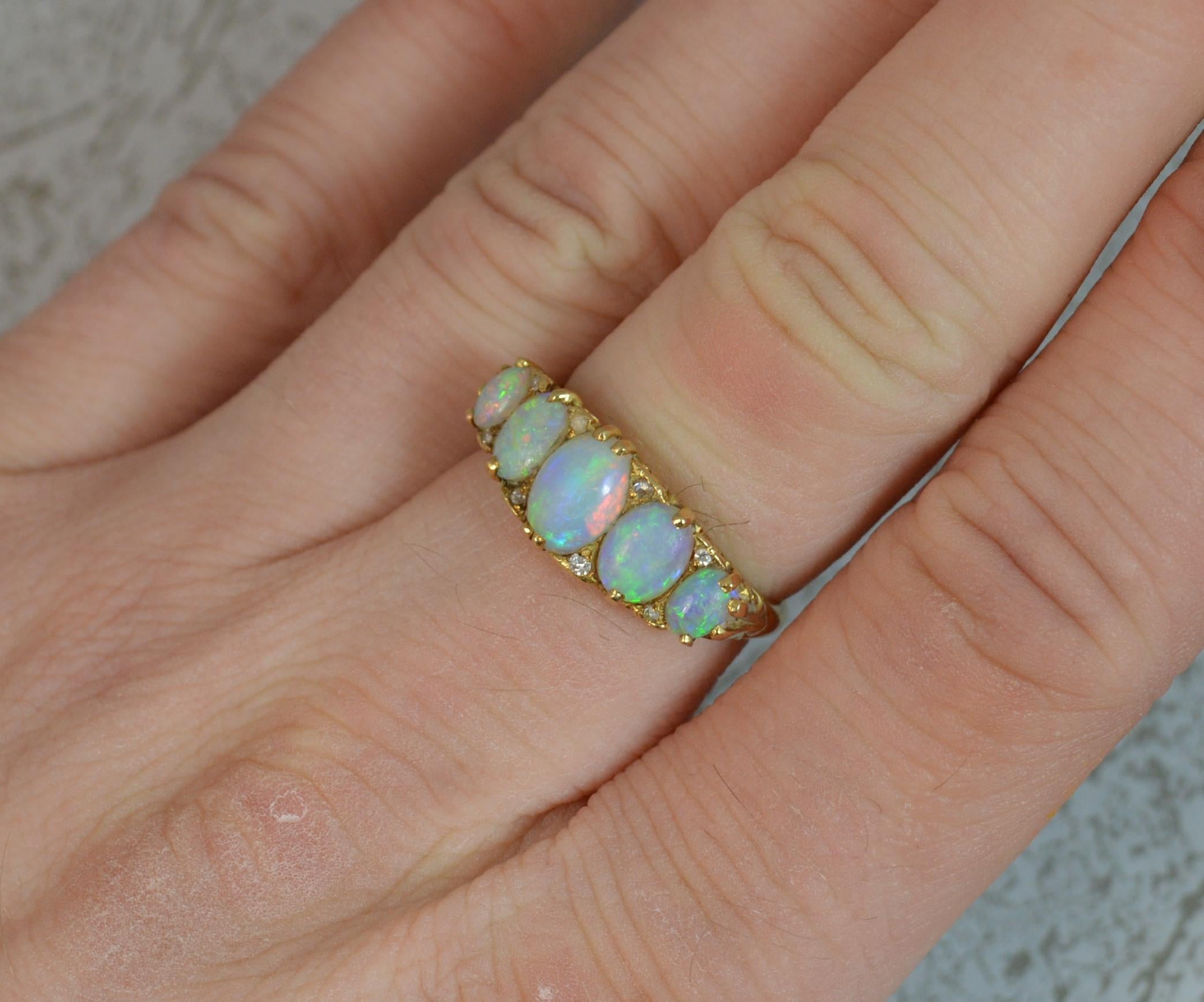 Victorian Natural Large Colourful Five Opal and Diamond 18 Carat Gold Stack Ring In Good Condition In St Helens, GB