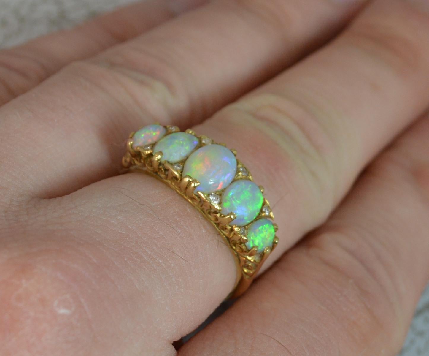 Women's Victorian Natural Large Colourful Five Opal and Diamond 18 Carat Gold Stack Ring