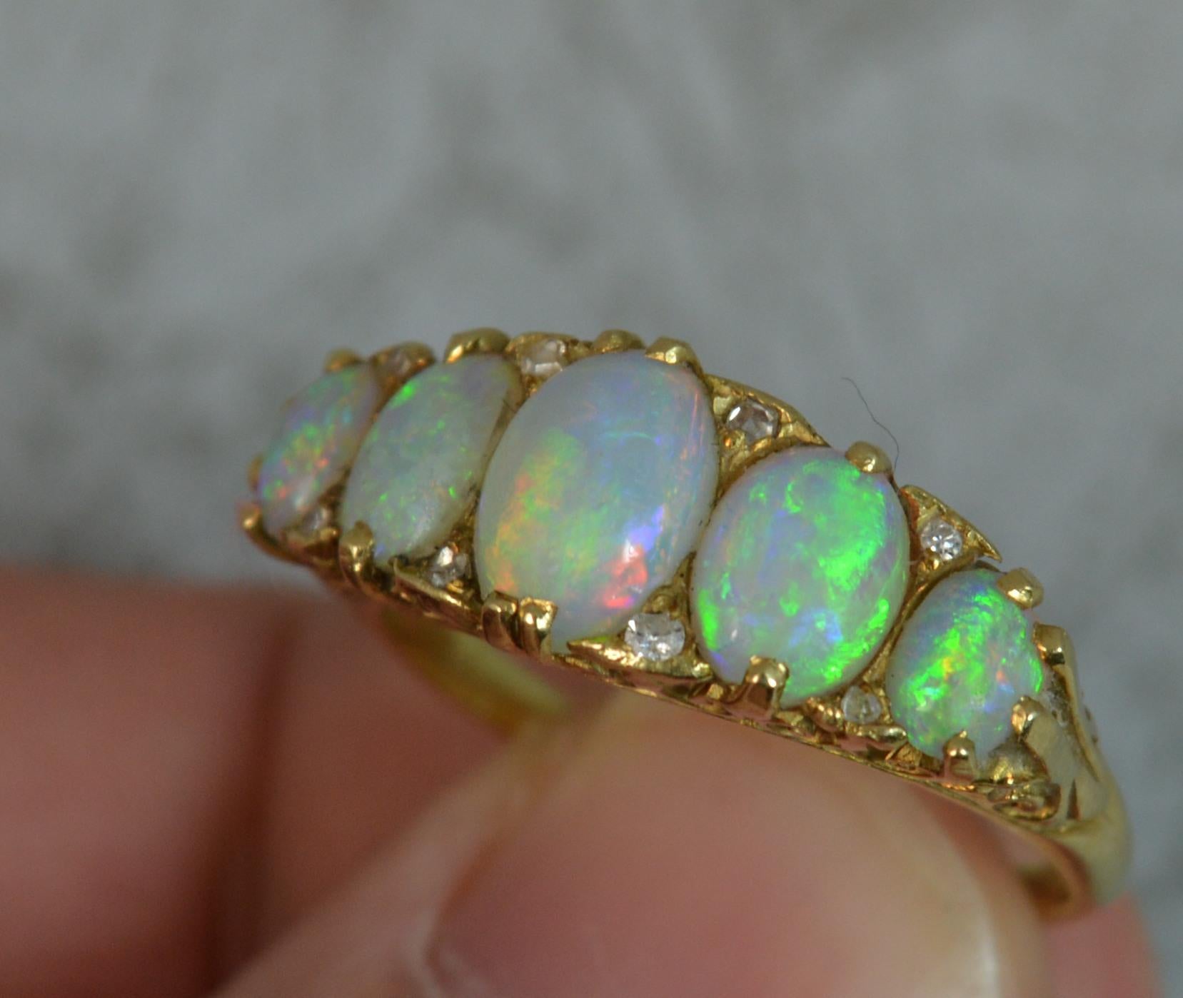 Victorian Natural Large Colourful Five Opal and Diamond 18 Carat Gold Stack Ring 1
