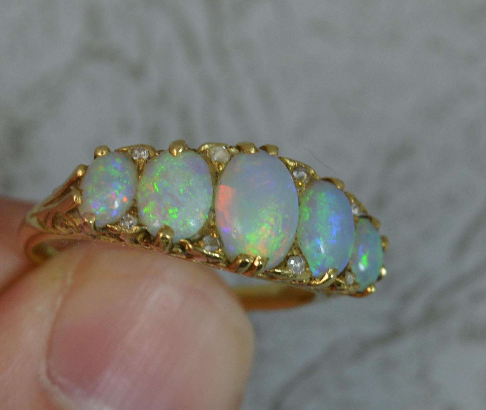 Victorian Natural Large Colourful Five Opal and Diamond 18 Carat Gold Stack Ring 2