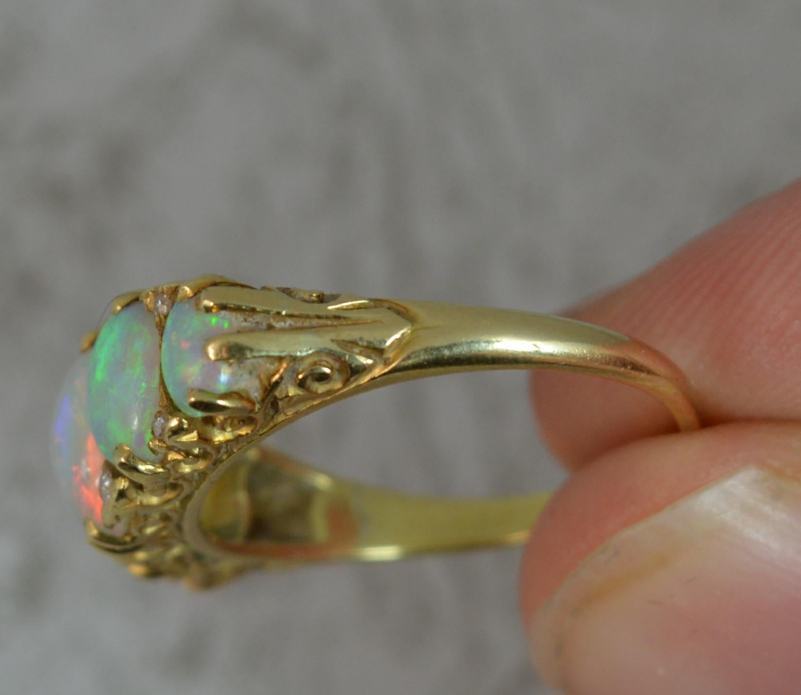 Victorian Natural Large Colourful Five Opal and Diamond 18 Carat Gold Stack Ring 4