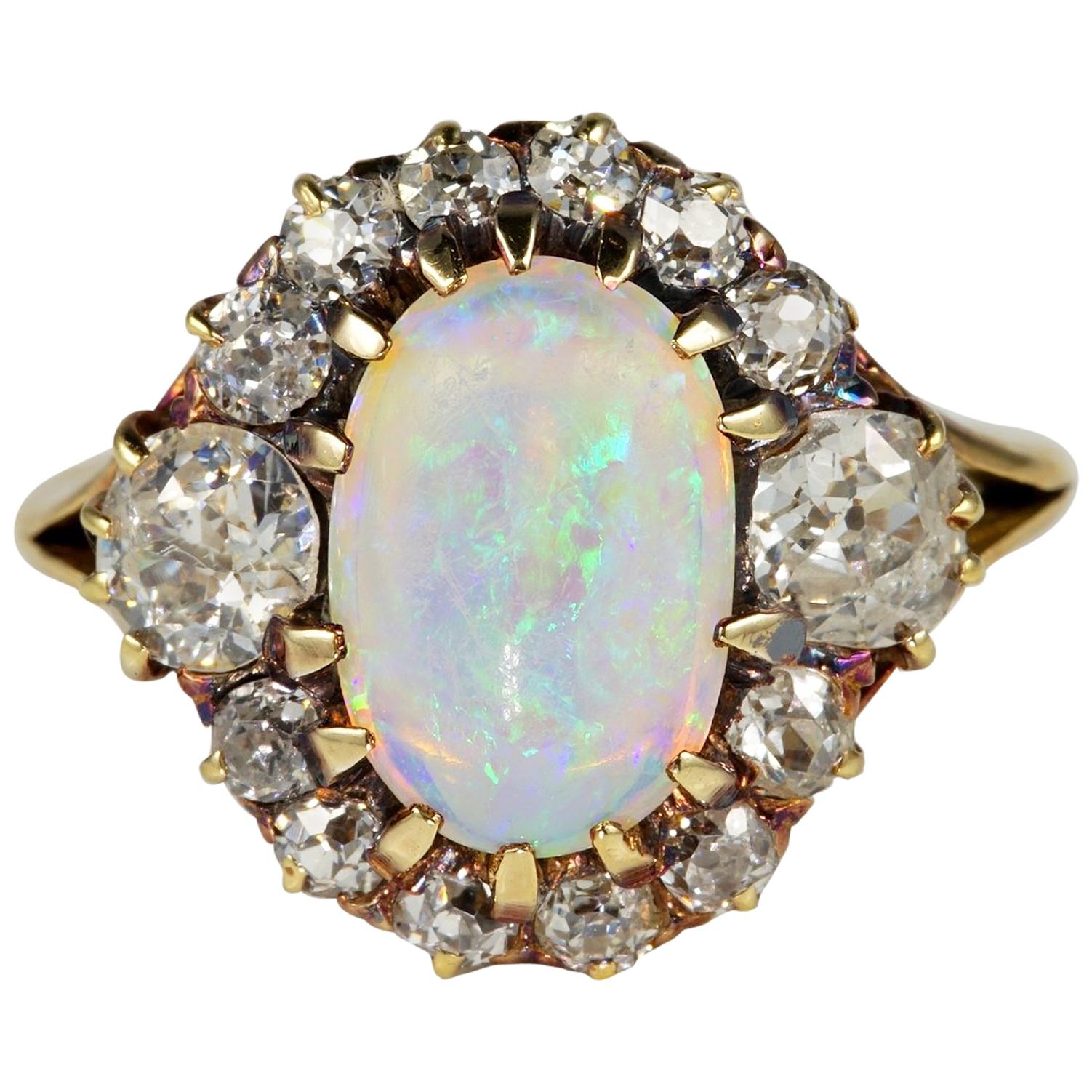 Victorian Natural Opal 1.80 Carat Old Mine Diamond Ring For Sale