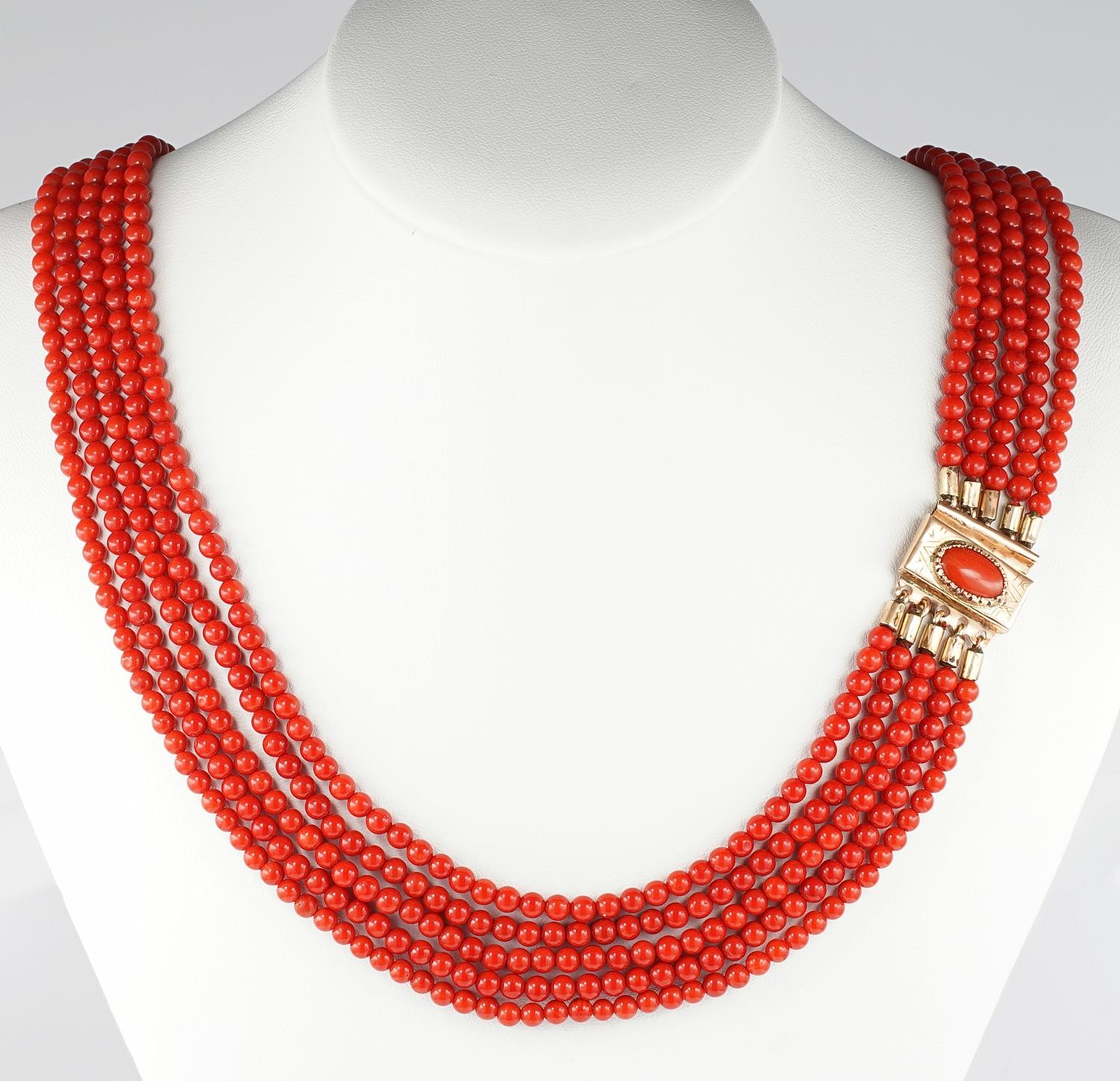 Magnificent five strands of untreated OX Blood intense Red Natural Coral make this genuine Victorian necklace. 1880 ca. Italian origin from Sardinia.
Each bead is 4 mm. in diameter – all even and selected hand turned – stunning colour!
Completed by
