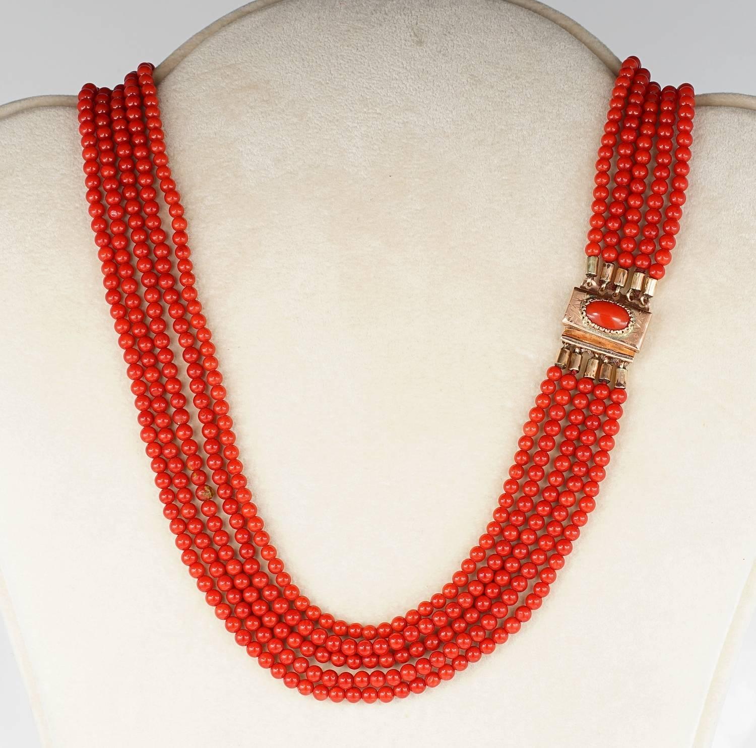 Magnificent five strands of untreated OX Blood intense Red Natural Coral make this genuine Victorian necklace. 1880 ca. Italian origin.
Each bead is 4 mm. in diameter - all even and selected hand turned - stunning colour! Completed by the original
