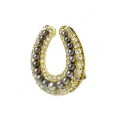 Victorian Natural Pearl and Diamond Horseshoe Brooch or Pendant