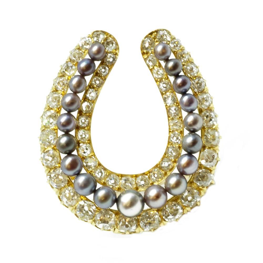 Victorian Natural Pearl and Diamond Horseshoe Brooch or Pendant For Sale